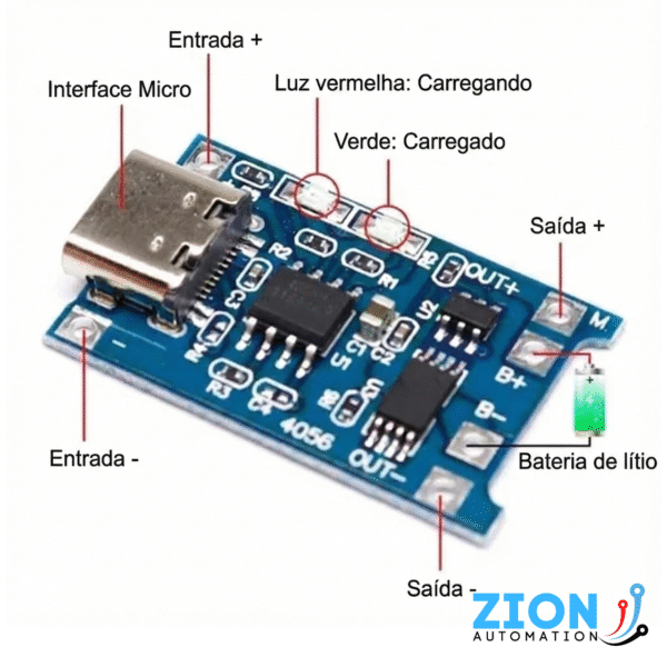 Módulo Carregador com Proteção para Baterias TP4056  Usb Tipo C