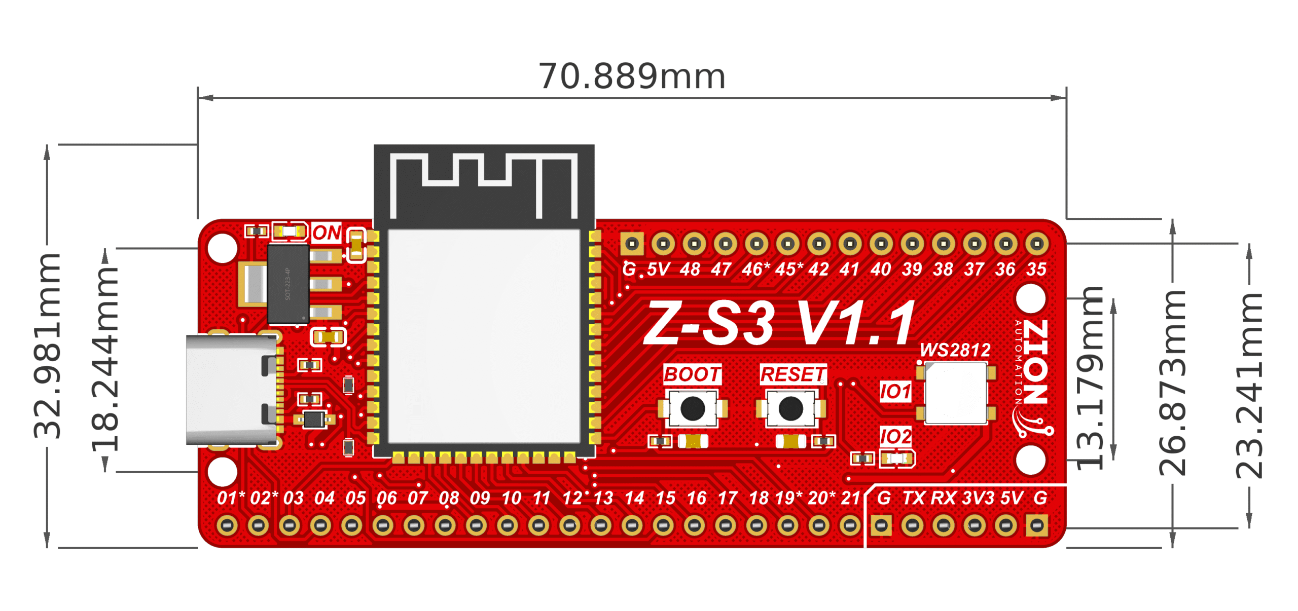 Diagrama com as dimensões da placa Z-S3 V1.1 em milímetros