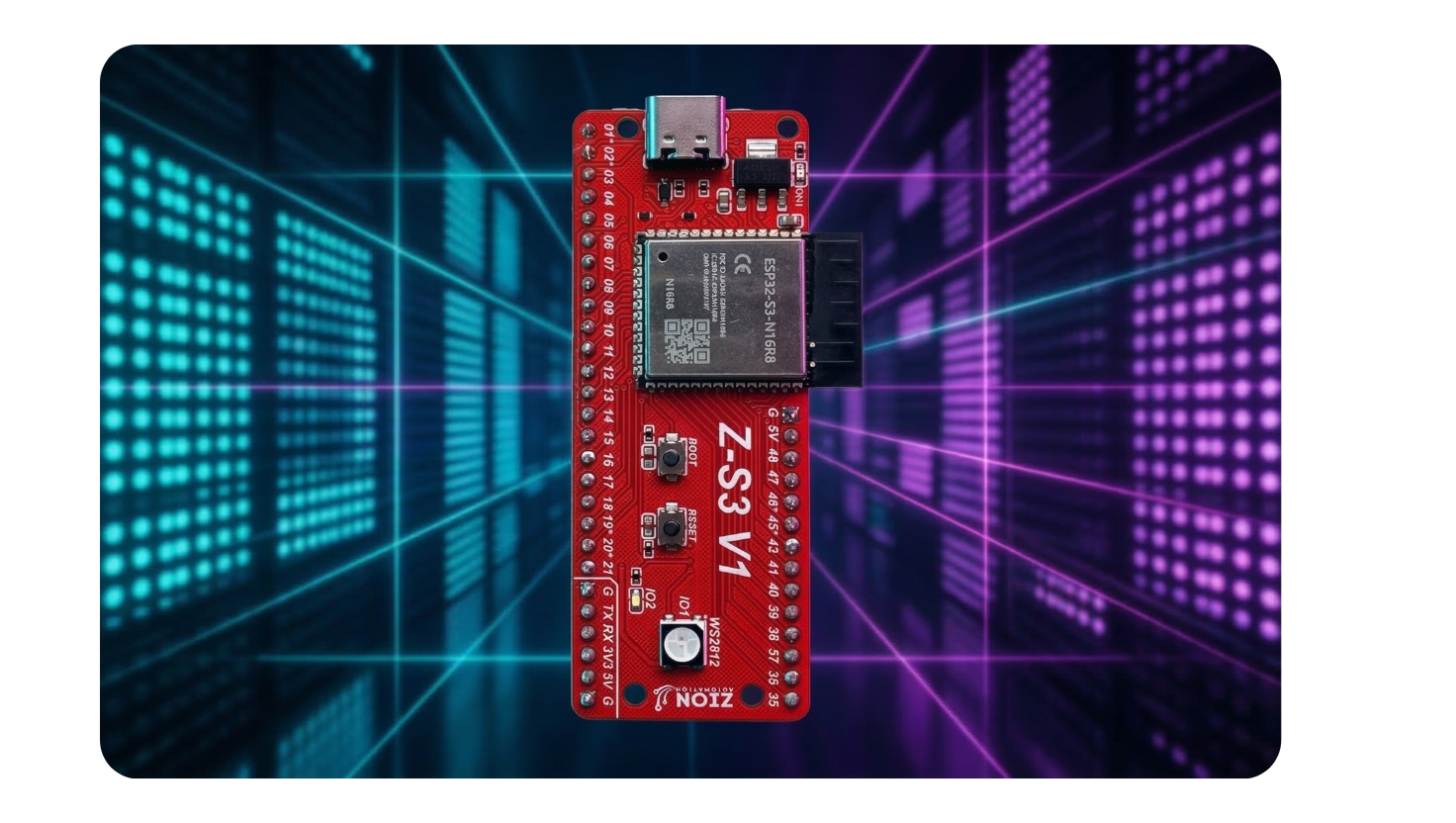 Placa Z-S3 V1.1 da Zion Automation em perspectiva, com a serigrafia dos GPIOs visível