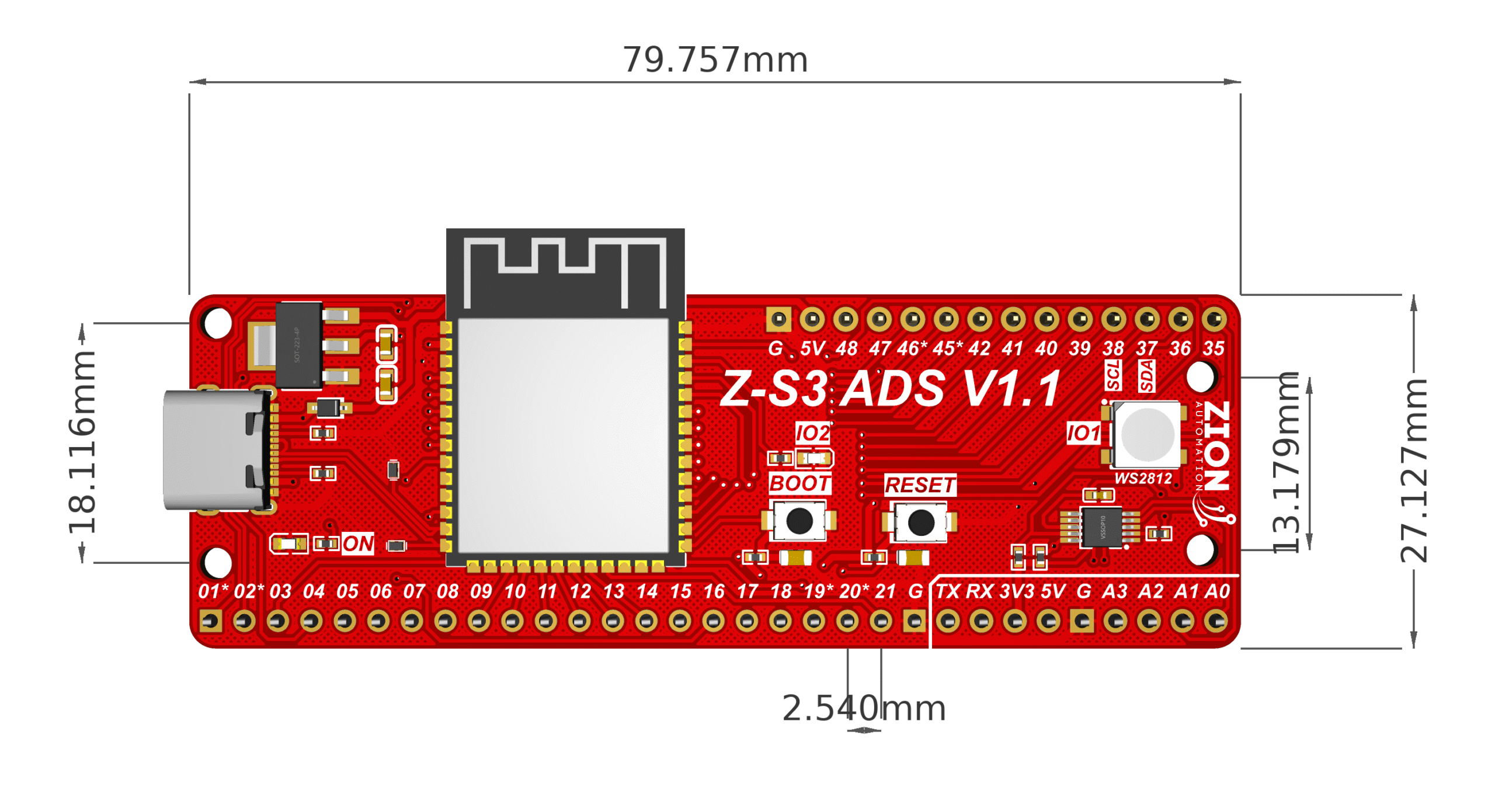 Diagrama com as dimensões da placa Z-S3 ADS V1 em milímetros