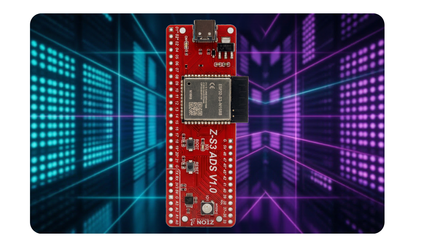 Placa Z-S3 ADS V1 da Zion Automation vista de frente, com a serigrafia dos canais analógicos A0 a A3