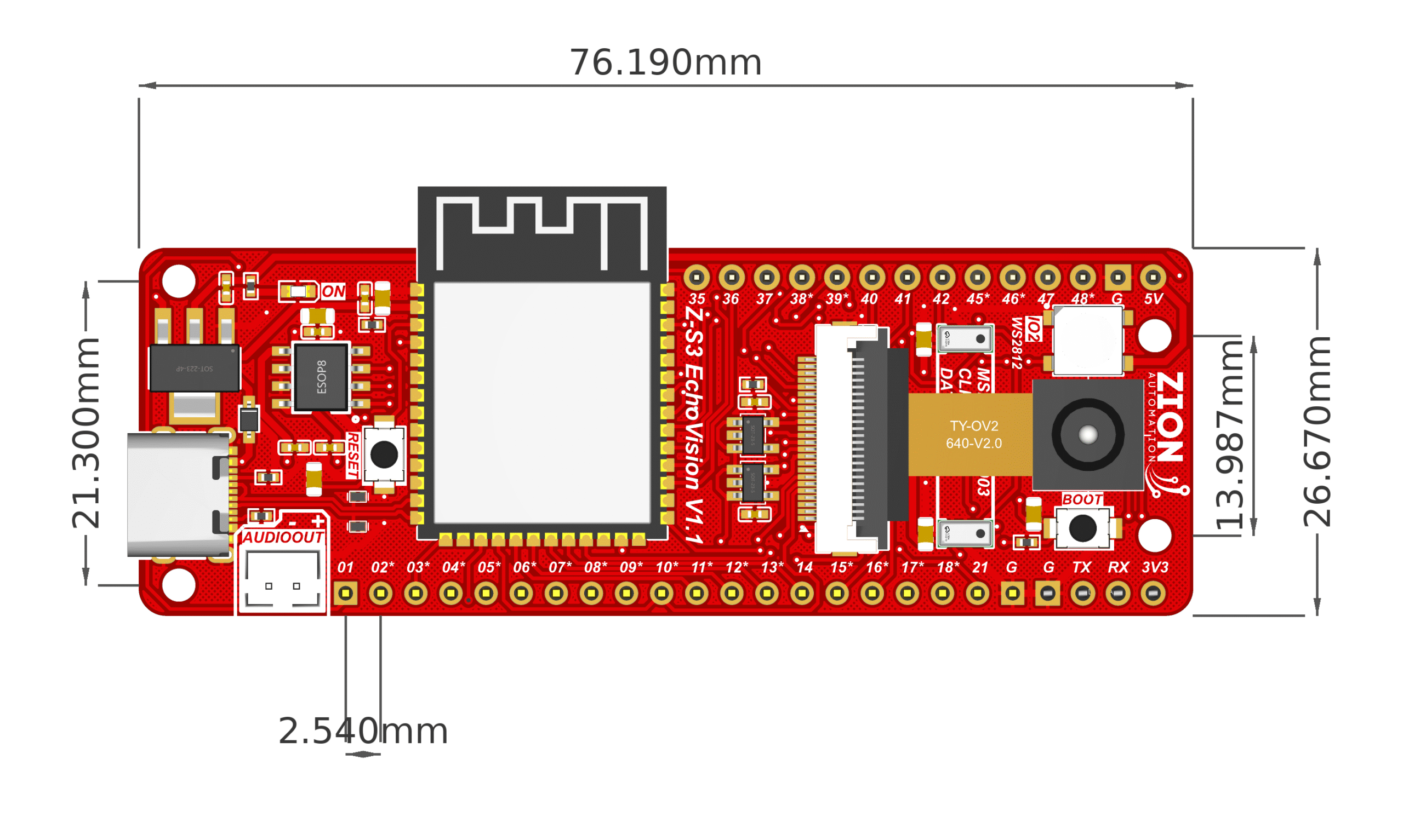 Diagrama com as dimensões da placa Z-S3 EchoVision em milímetros