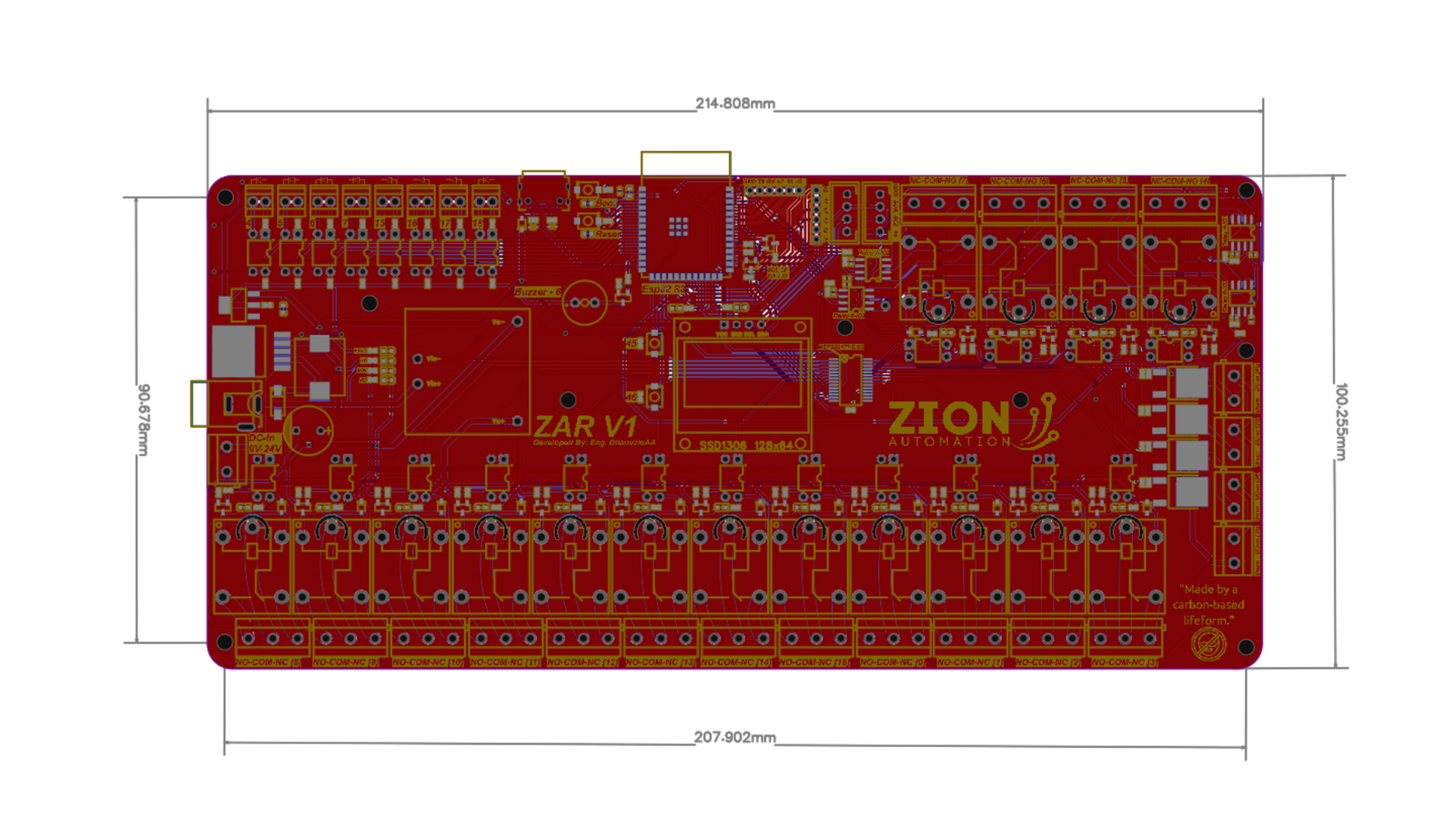 Diagrama com as dimensões da placa ZAR V1 em milímetros