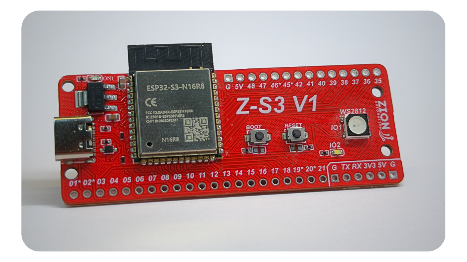 Placa Z-S3 V1.1 da Zion Automation em perspectiva, com a serigrafia dos GPIOs visível