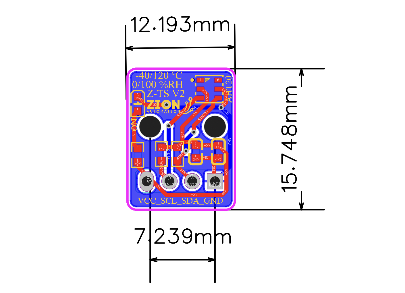 Desenho cotado do sensor Z-TS: 12,193 por 15,748 milímetros
